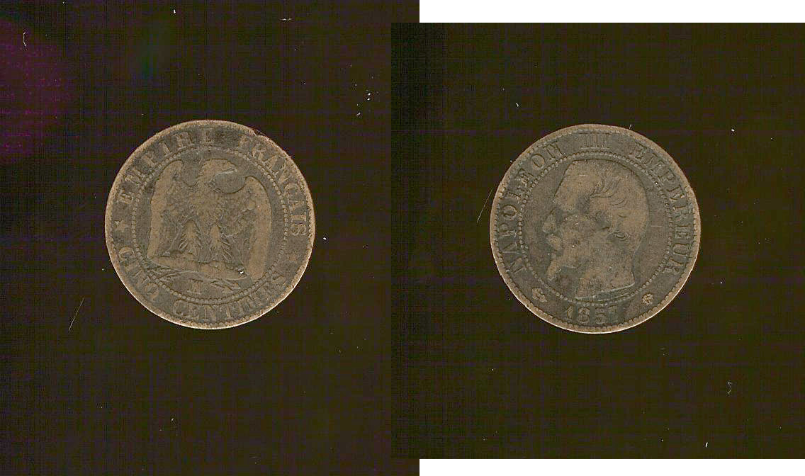 Cinq centimes Napoléon III, tête nue 1857 Marseille TB+